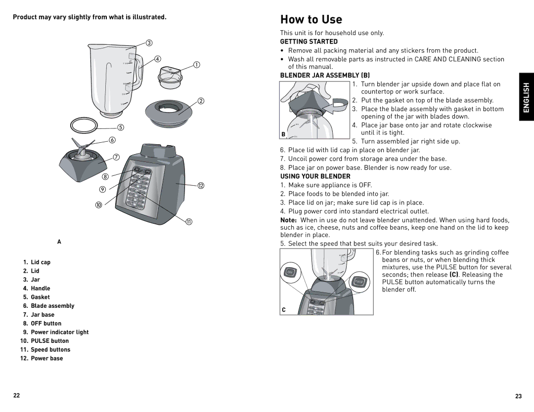 Black & Decker BlP6601M, BLP6601MUC manual How to Use, Getting Started, Blender JAR Assembly B, Using Your Blender 